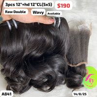 3pcs 12" and 12" 5x5 HD closure Natural wave double drawn raw hair (A841)