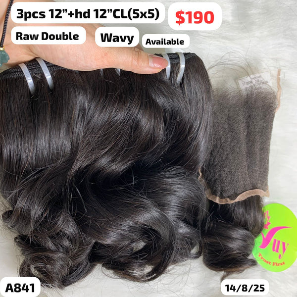 3pcs 12" and 12" 5x5 HD closure Natural wave double drawn raw hair (A841)
