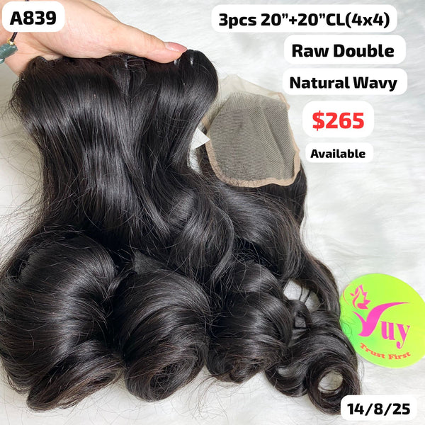 3pcs 20" and 20" 4x4 closure Natural wave double drawn raw hair (A839)