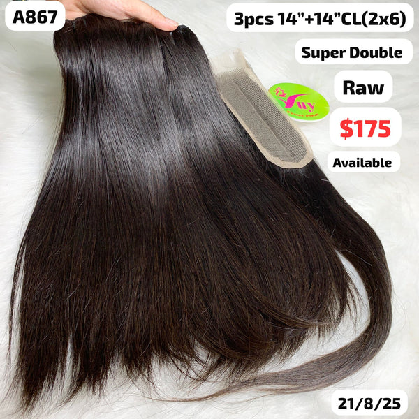 3pcs 14" and 14" 2x6 closure Straight super double drawn raw hair (A867)