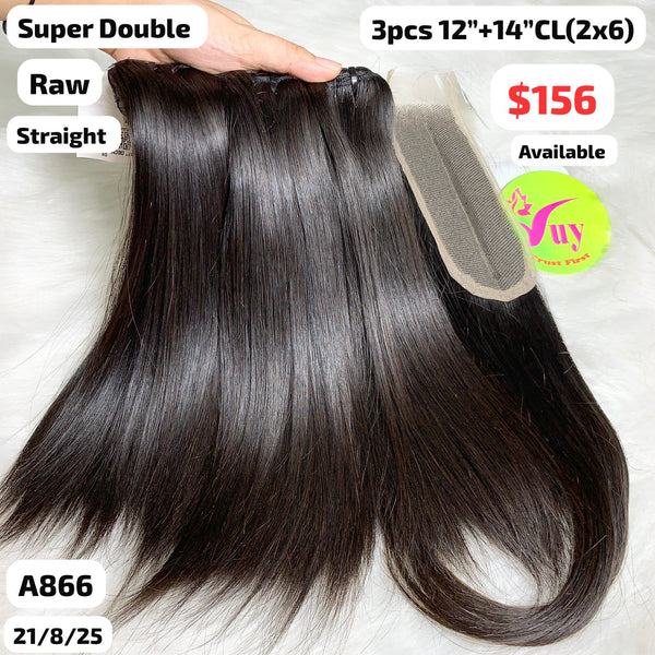 3pcs 12" and 14" 2x6 closure Straight super double drawn raw hair (A866)