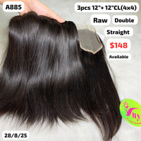 3pcs 12" and 12" 4x4 closure Straight double drawn raw hair (A885)