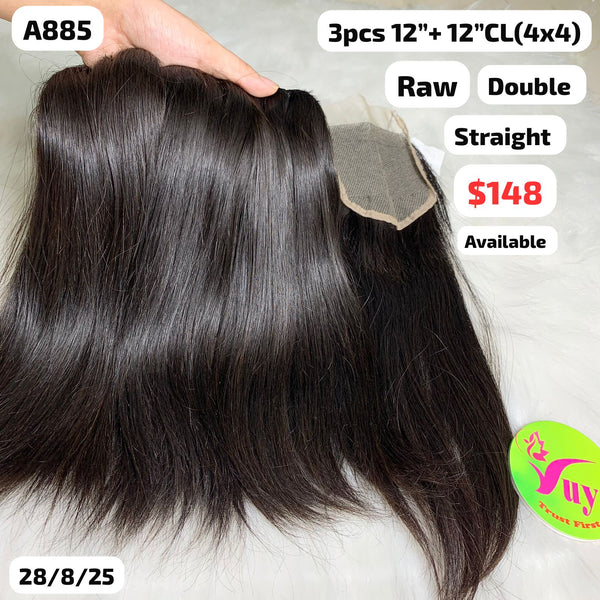3pcs 12" and 12" 4x4 closure Straight double drawn raw hair (A885)