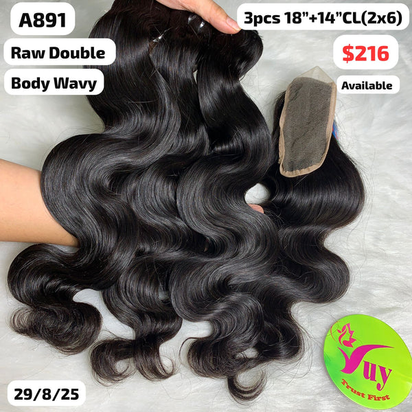 3pcs 18" and 14" 2x6 closure Body wave double drawn raw hair (A891)