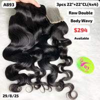 3pcs 22" and 22" 4x4 closure Body wave double drawn raw hair (A893)