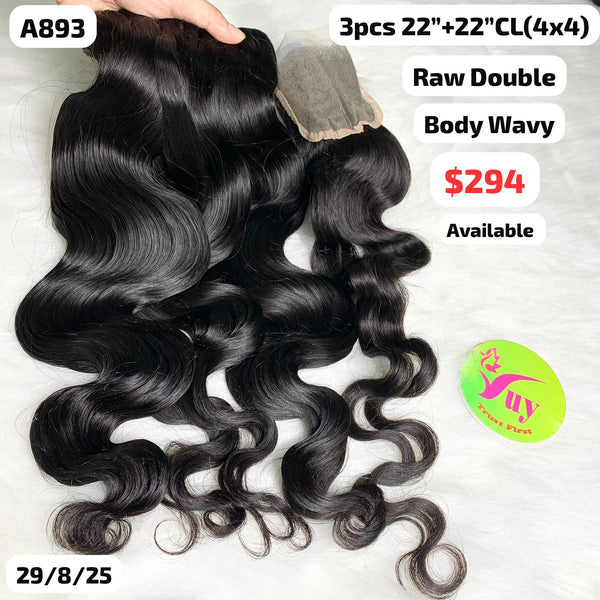 3pcs 22" and 22" 4x4 closure Body wave double drawn raw hair (A893)