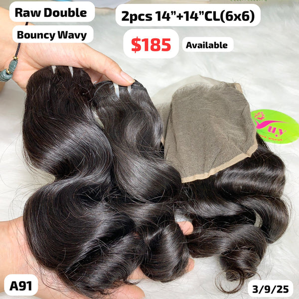 2pcs 14" and 14 6x6 closure bouncy wave double drawn raw hair (A91)
