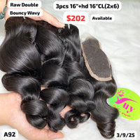 3pcs 16" and 16" hd 2x6 closure bouncy wave double drawn raw hair (A92)