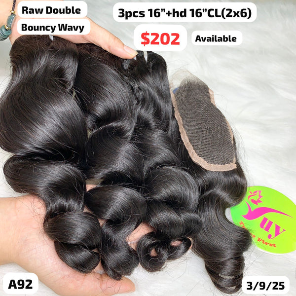 3pcs 16" and 16" hd 2x6 closure bouncy wave double drawn raw hair (A92)