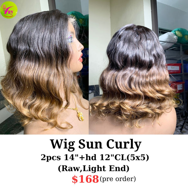 [PRE-ORDER] 14" hd 5x5 closure wig natural wave raw hair light end color (made from 2pcs 14" with 12" 5x5 closure hd lace)