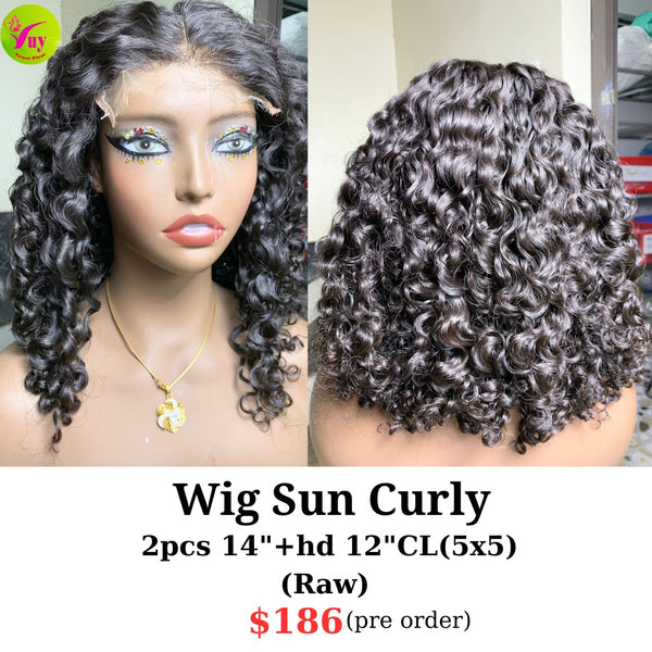 [PRE-ORDER] 14" hd 5x5 closure wig sun curly raw hair (made from 2pcs 14" with 12" 5x5 closure hd lace)