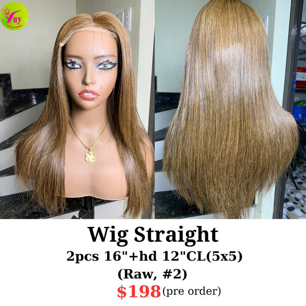 [PRE-ORDER] 16" hd 5x5 closure wig straight raw hair #2 color (made from 2pcs 16" with 12" 5x5 closure hd lace)