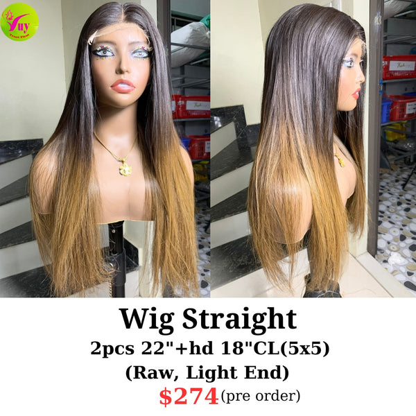 [PRE-ORDER] 22" hd 5x5 closure wig straight raw hair light end color (made from 2pcs 22" with 18" 5x5 closure hd lace)