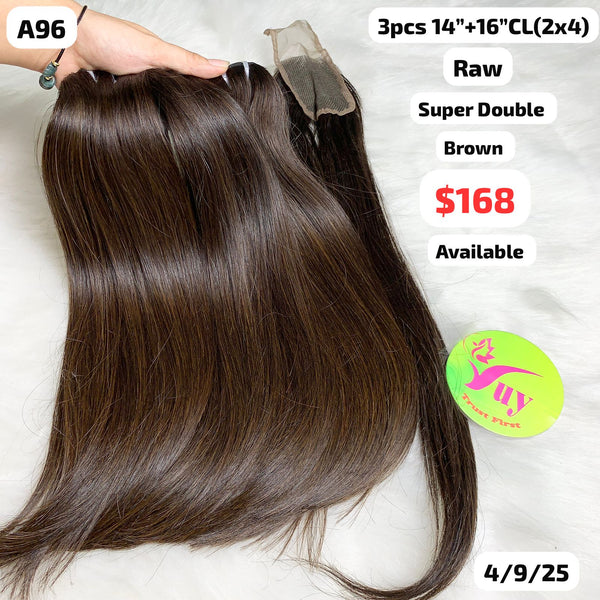 3pcs 14" and 16" 2x4 closure straight super double drawn raw hair brown color (A96)