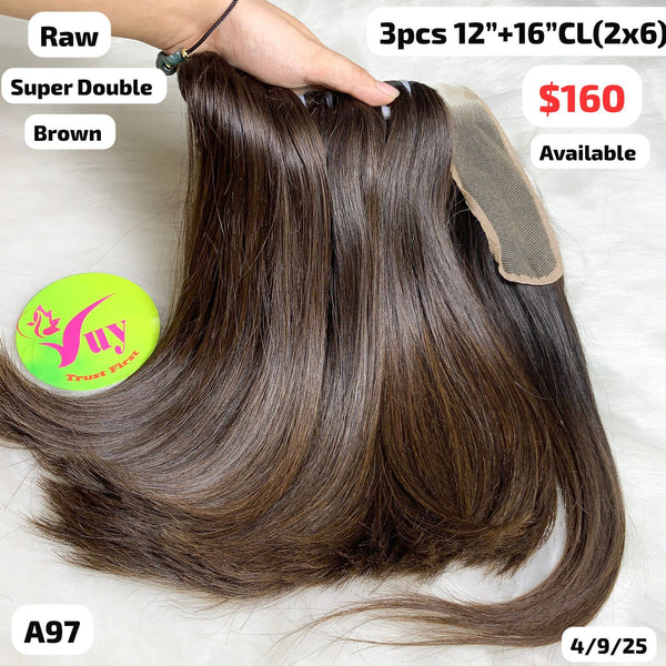 3pcs 12" and 16" 2x6 closure straight super double drawn raw hair brown color (A97)