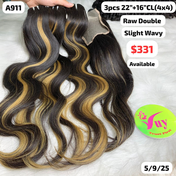 3pcs 22" and 16" 4x4 closure Slight wavy double drawn raw hair (A911)