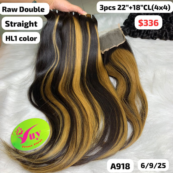 3pcs 22" and 18" 4x4 closure Straight double drawn raw hair HL1 color (A918)