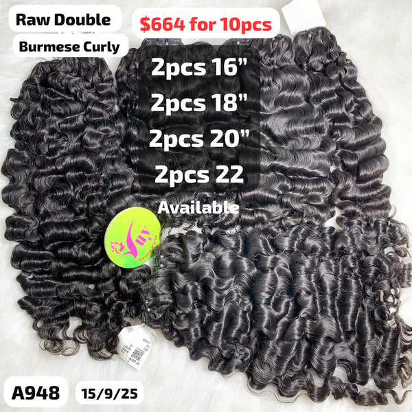 DEAL 10pcs 16" to 22" Burmese curly double drawn raw hair (A948)