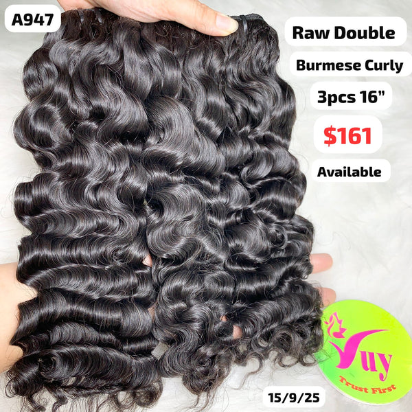 3pcs 16" Burmese curly double drawn raw hair (A947)