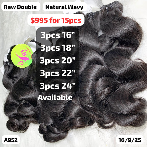 DEAL 15pcs 16" to 24" Natural wavy double drawn raw hair (A952)