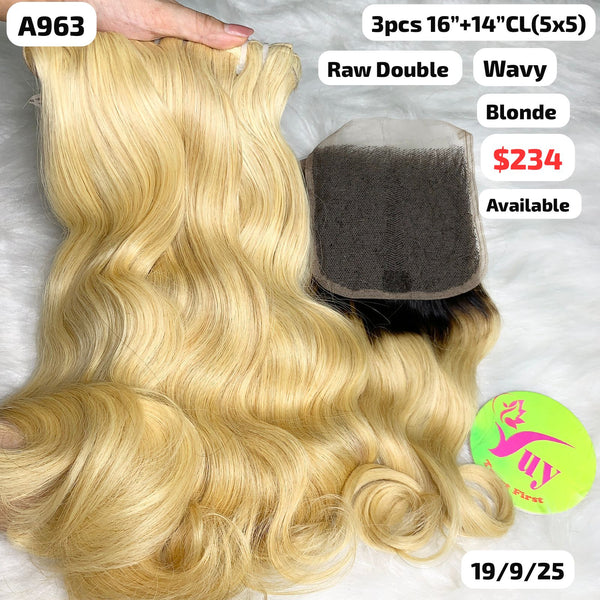 3pcs 16" and 14" 5x5 closure double drawn raw hair blonde color (A963)