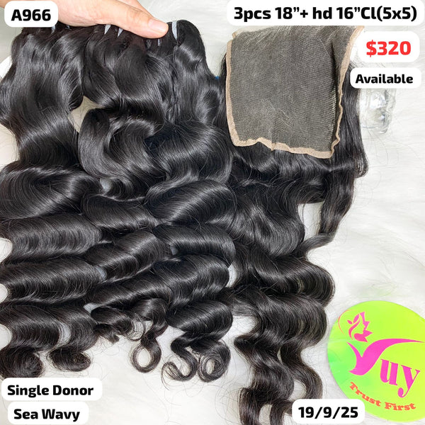 3pcs 18" and 16" HD 5x5 closure Sea wave single donor hair (A966)