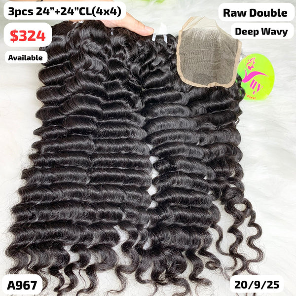 3pcs 24" and 24" 4x4 closure Deep wave double drawn raw hair (A967)
