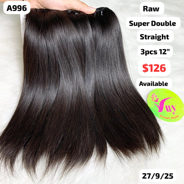 3pcs 12" straight super double drawn raw hair (A996)