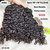 3pcs 18" and 16" 2x6 closure kinky loose curly double drawn raw hair (A995)