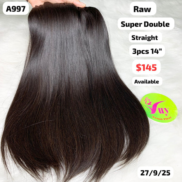 3pcs 14" straight super double drawn raw hair (A997)