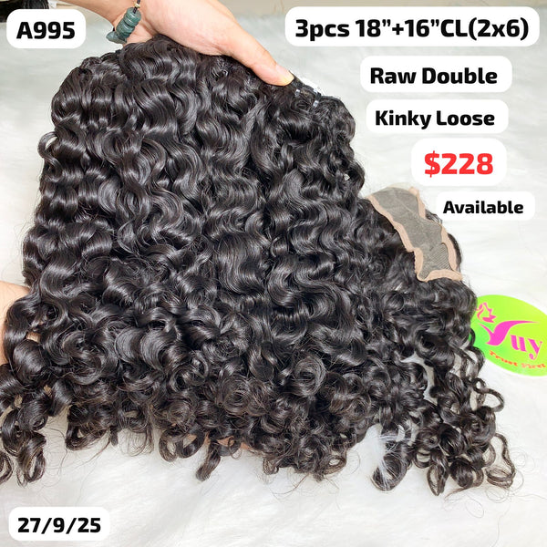 3pcs 18" and 16" 2x6 closure kinky loose curly double drawn raw hair (A995)