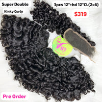 [PRE-ORDER] 3pcs 12" and 12" 2x6 HD closure kinky curly super double drawn raw hair