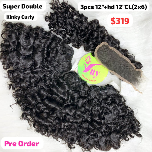 [PRE-ORDER] 3pcs 12" and 12" 2x6 HD closure kinky curly super double drawn raw hair