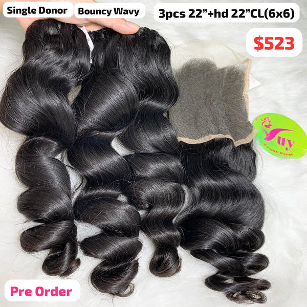 [PRE-ORDER] 3pcs 22" and 22" 6x6 HD closure bouncy wavy single donor hair