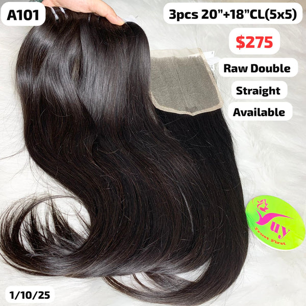 3pcs 20" and 18" 5x5 closure straight double drawn raw hair (A101)