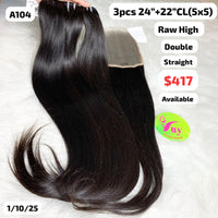3pcs 24" and 22" 5x5 closure straight double drawn raw hair high quality (A104)