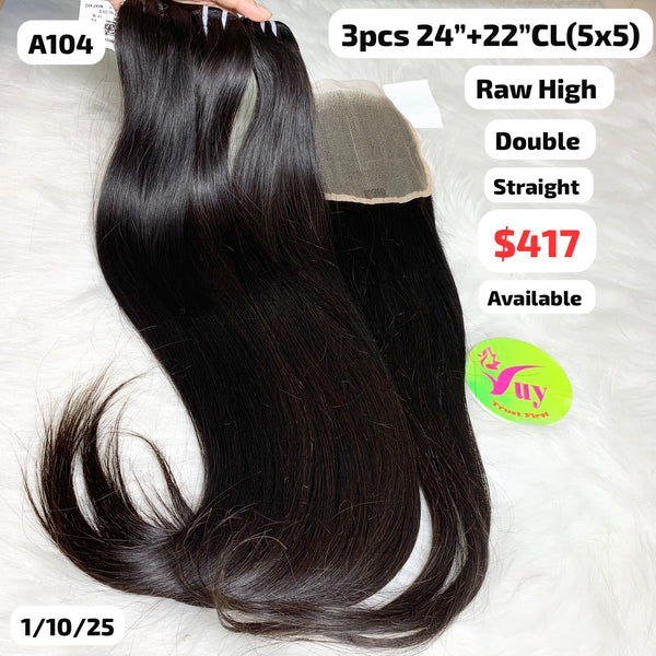 3pcs 24" and 22" 5x5 closure straight double drawn raw hair high quality (A104)