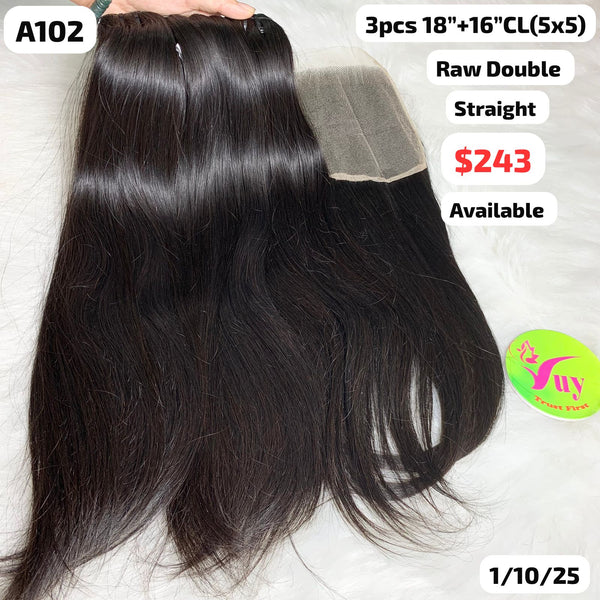 3pcs 18" and 16" 5x5 closure straight double drawn raw hair (A102)