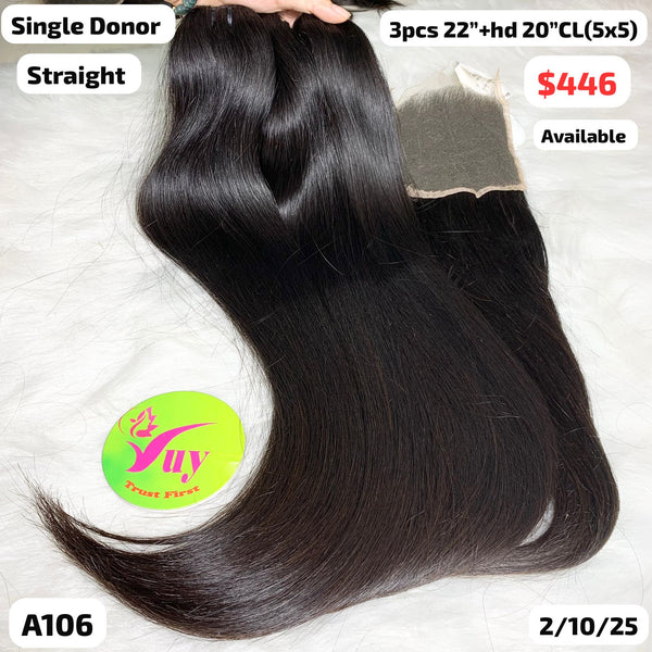 3pcs 22" and 20" 5x5 HD closure straight single donor hair (A106)