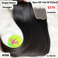 3pcs 20" and 18" 5x5 HD closure straight single donor hair (A108)