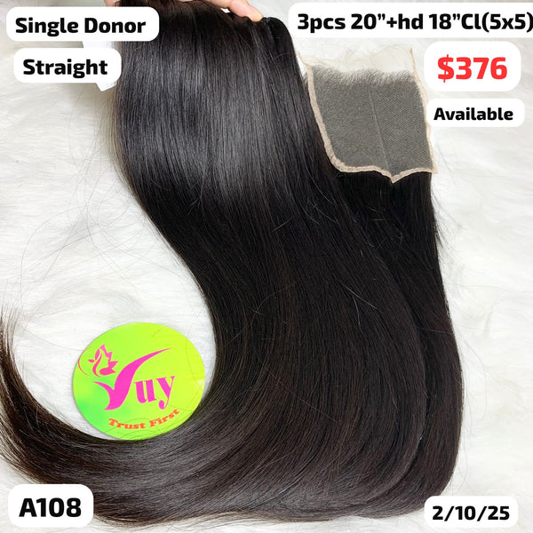 3pcs 20" and 18" 5x5 HD closure straight single donor hair (A108)