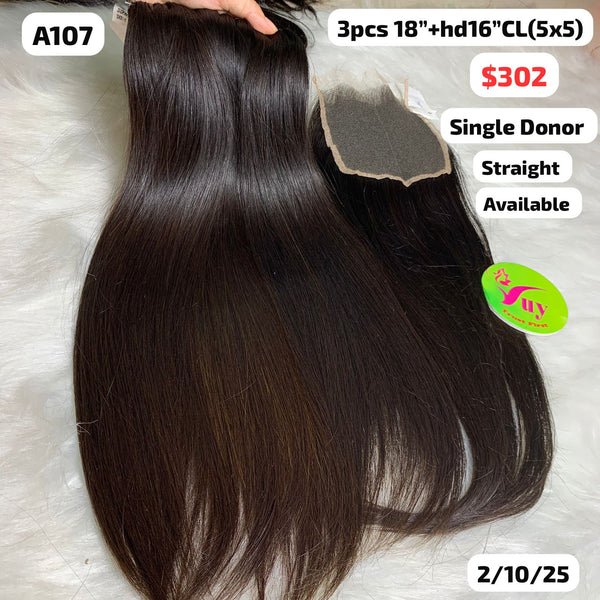 3pcs 18" and 16" 5x5 HD closure straight single donor hair (A107)