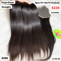 3pcs 14" and 14" 5x5 HD closure straight single donor hair (A109)