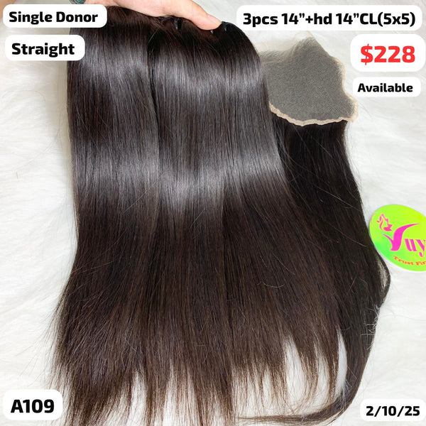 3pcs 14" and 14" 5x5 HD closure straight single donor hair (A109)