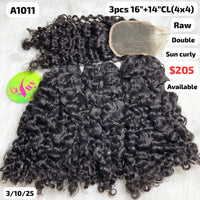 3pcs 16" and 14" 4x4 closure sun curly double drawn raw hair (A1011)
