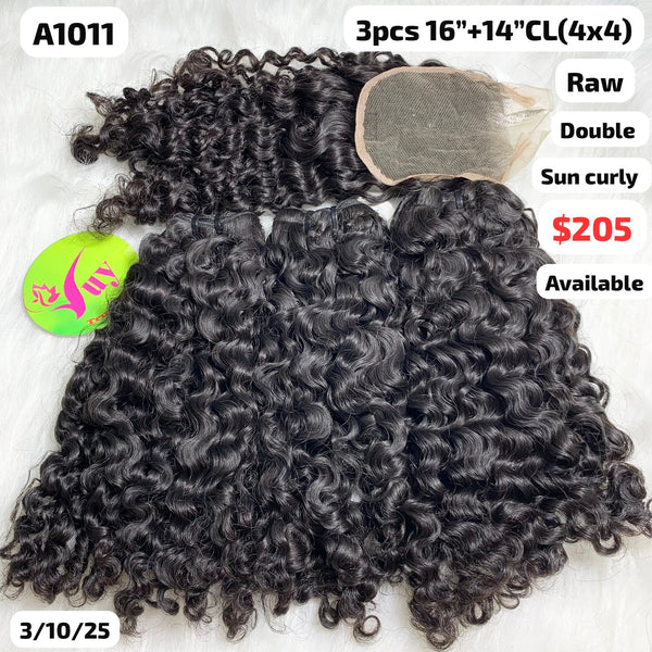 3pcs 16" and 14" 4x4 closure sun curly double drawn raw hair (A1011)