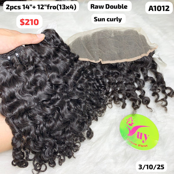 2pcs 14" and 12" 13x4 frontal sun curly double drawn raw hair (A1012)