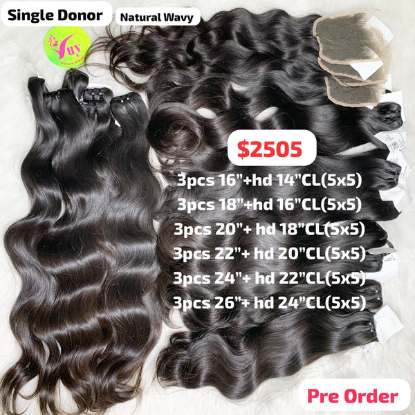 [PRE-ORDER] DEAL 18 bundles 16" to 26" and 14" to 24" HD 5x5 Closure natural wave single donor hair