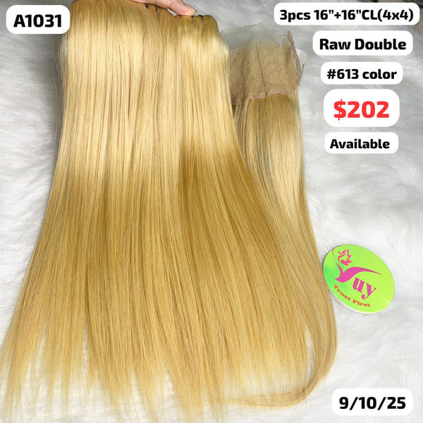 3pcs 16" and 16" 4x4 closure double drawn raw hair #613 color (A1031)
