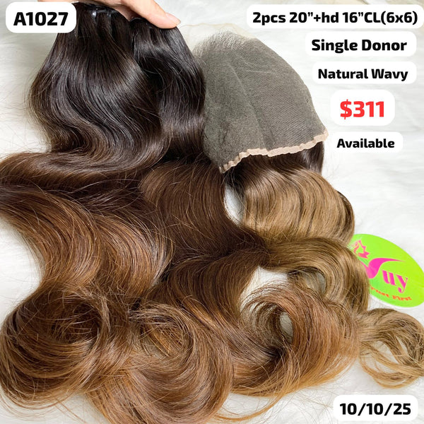 2pcs 20" and 16" 5x5 HD closure wavy single donor hair (A1027)